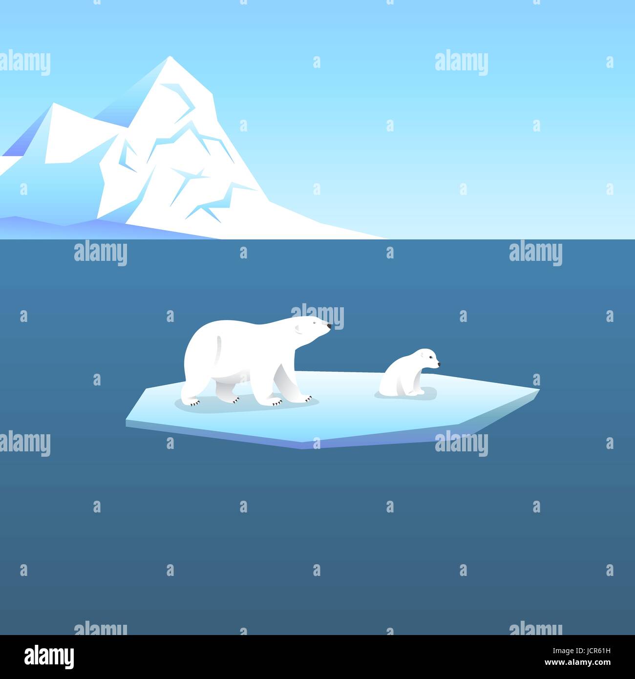 Sfondo vettoriale con due orsi polari, lei-orso e orso di peluche in piedi sul ghiacciaio stilizzata in mare aperto. Clima freddo. Illustrazione Vettoriale