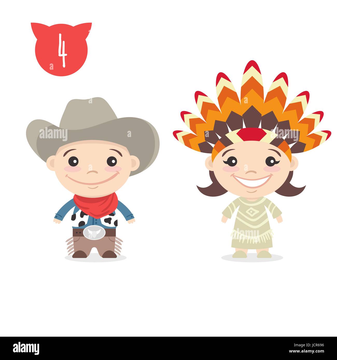 Illustrazione vettoriale delle due felice simpatici personaggi per bambini. Ragazzo in costume da cowboy e una ragazza in Indian Native American costume. Illustrazione Vettoriale