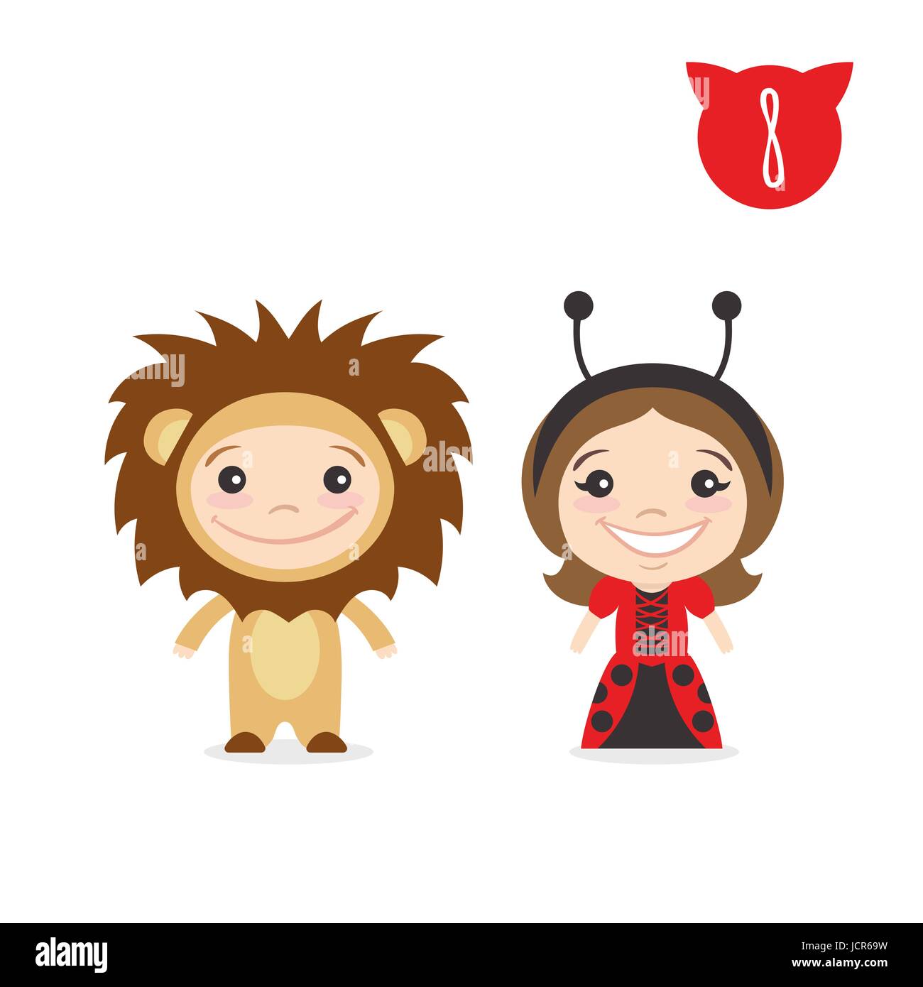 Illustrazione vettoriale delle due felice simpatici personaggi per bambini. Ragazzo in Lion costume e una ragazza in costume coccinella. Illustrazione Vettoriale