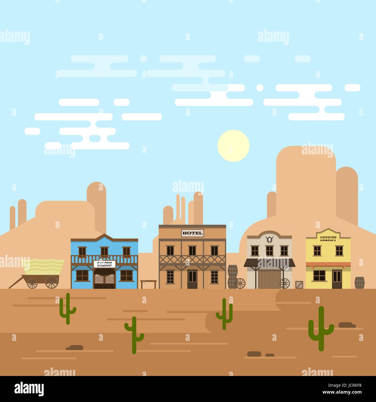 Illustrazione vettoriale di una vecchia cittadina occidentale in un giorno. Saloon, hotel e altri edifici dettagliate e oggetti. Wild West Desert sullo sfondo del paesaggio Illustrazione Vettoriale