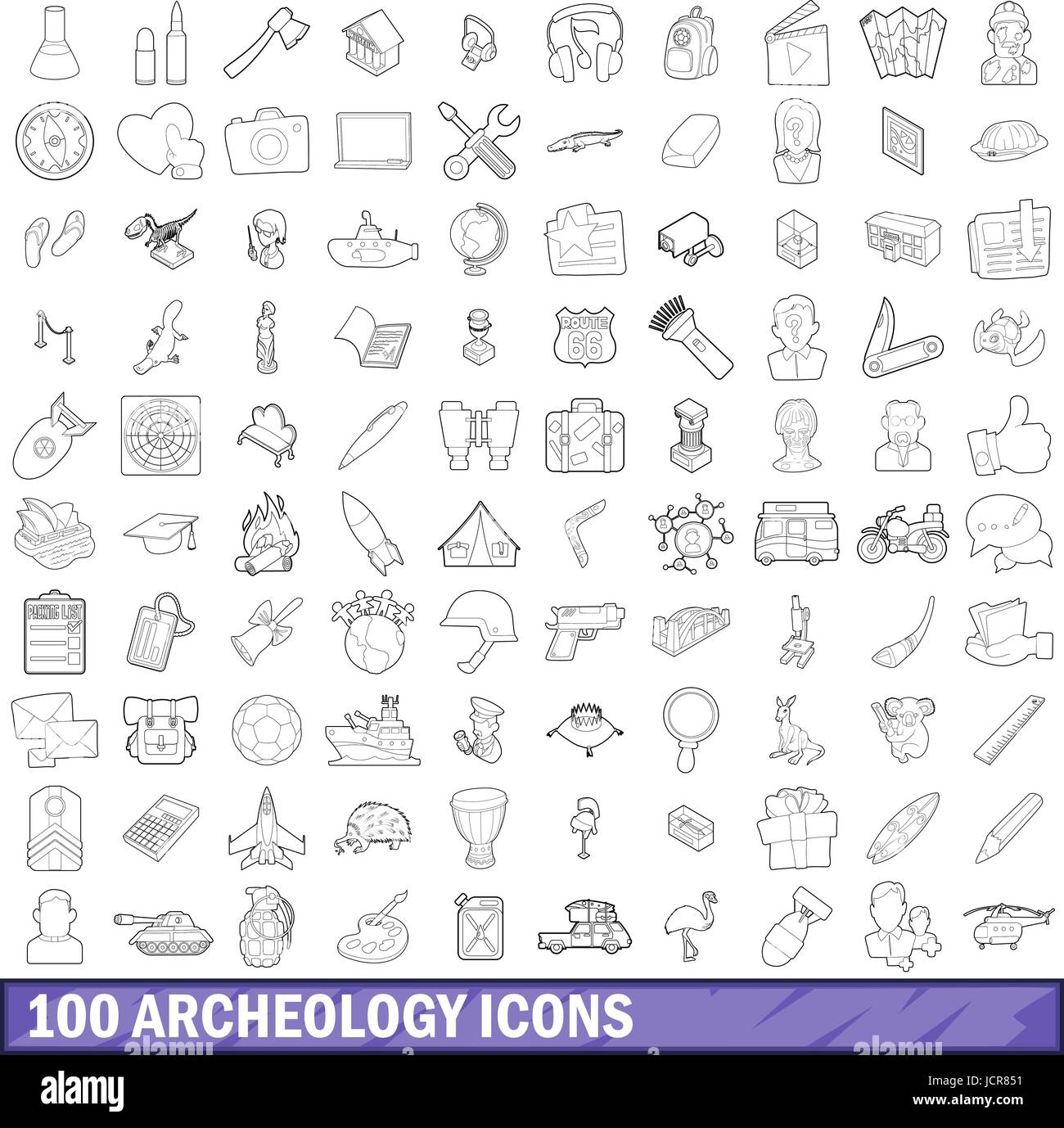 100 archeologia set di icone di stile di contorno Illustrazione Vettoriale