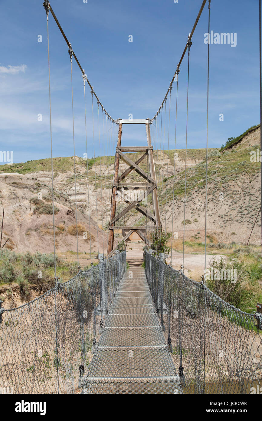 Miniera di Star sospensione ponte Badlands di Alberta in Canada. Il ponte fu costruito sopra il cervo rosso fiume per ottenere Minatori del carbone a lavorare. Foto Stock
