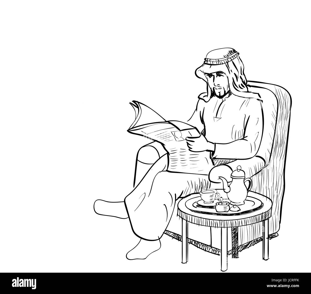Uomo arabo leggere notizie di carta sul divano nel soggiorno con set da tè, hanno lo spazio per il testo, character design - Linea tracciata vettore Illustrazione Vettoriale