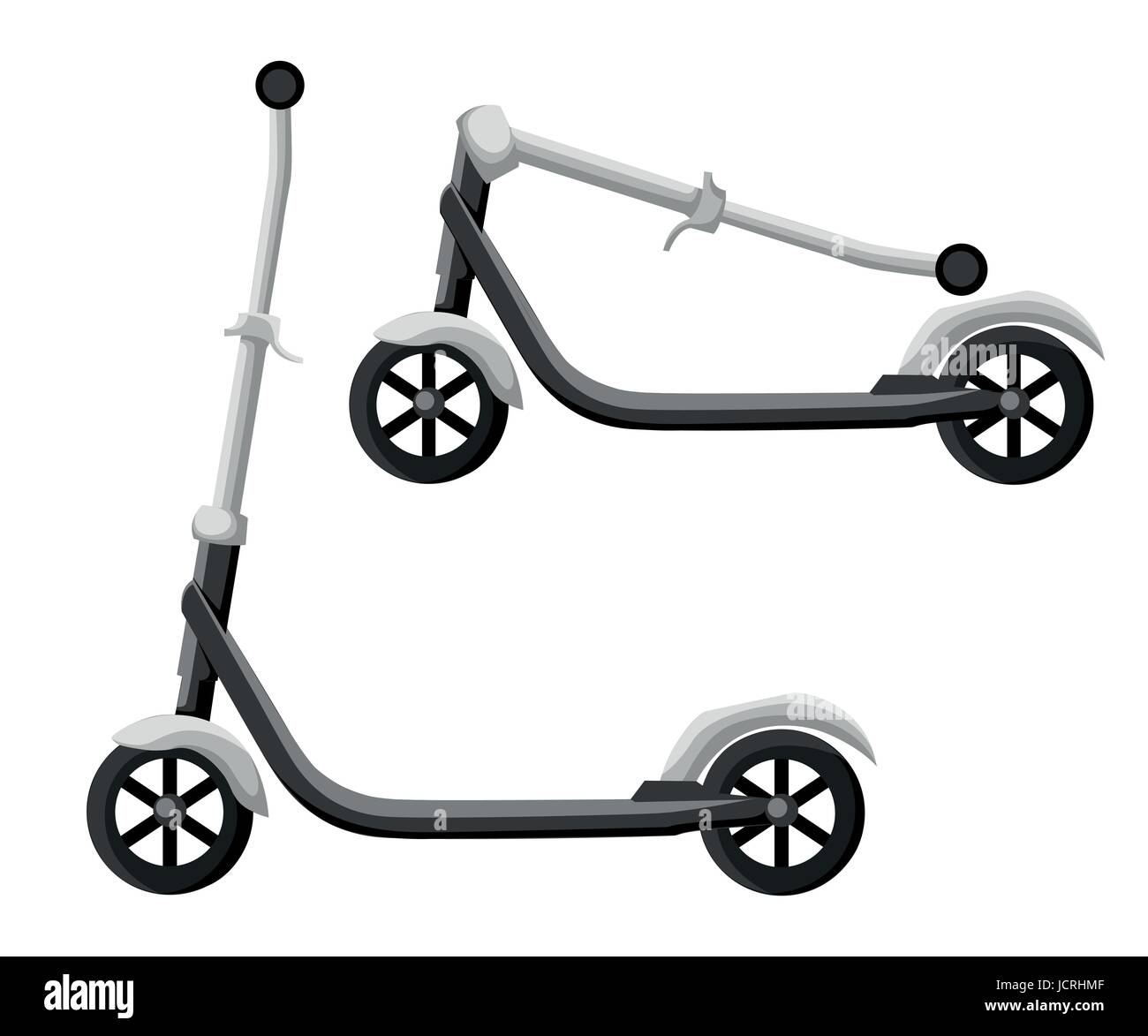 Rullo di set di scooter. Equilibrio di biciclette. Diversi scooter eco alternativa di trasporto della città. Design piatto bike e ruote di rotolamento. Vector kick scooter colle Illustrazione Vettoriale