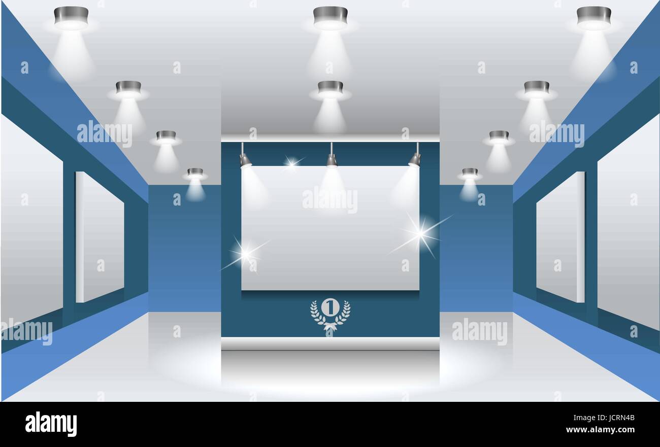 Interni. Sala espositiva con cornici bianche sulla parete illuminata da proiettori. Parte del set. Illustrazione Vettoriale