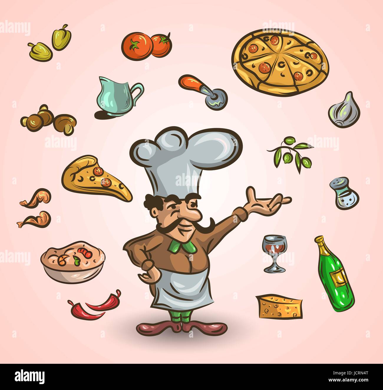 Cucina italiana e cibo disegnati a mano illustrazione con un bel chef Illustrazione Vettoriale