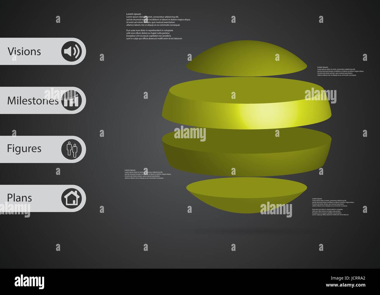 3D illustrazione modello infografico con motivo della sfera divisa orizzontalmente per quattro standalone sezioni verde con il segno semplice e un testo di esempio sulla sid Illustrazione Vettoriale