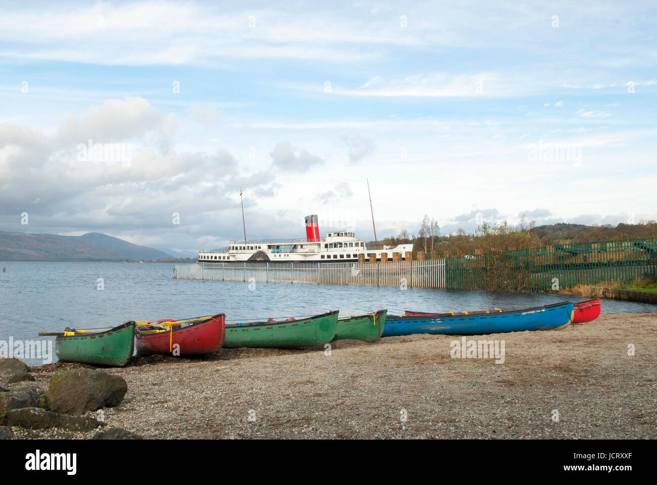 Cameriera del Loch Battello a vapore ormeggiato a Lomomnd rive, Balloch, Loch Lomond, Scozia Foto Stock