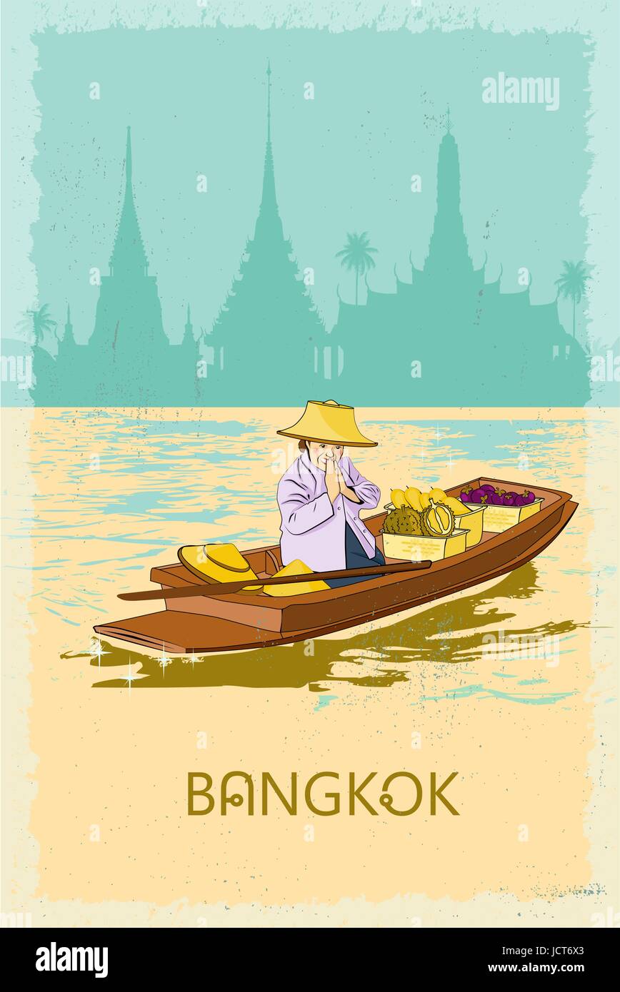 Fornitore di donna in barca sul canale in Bangkok accolgono i turisti in Thailandia - La terra del sorriso. Poster retrò. Illustrazione Vettoriale