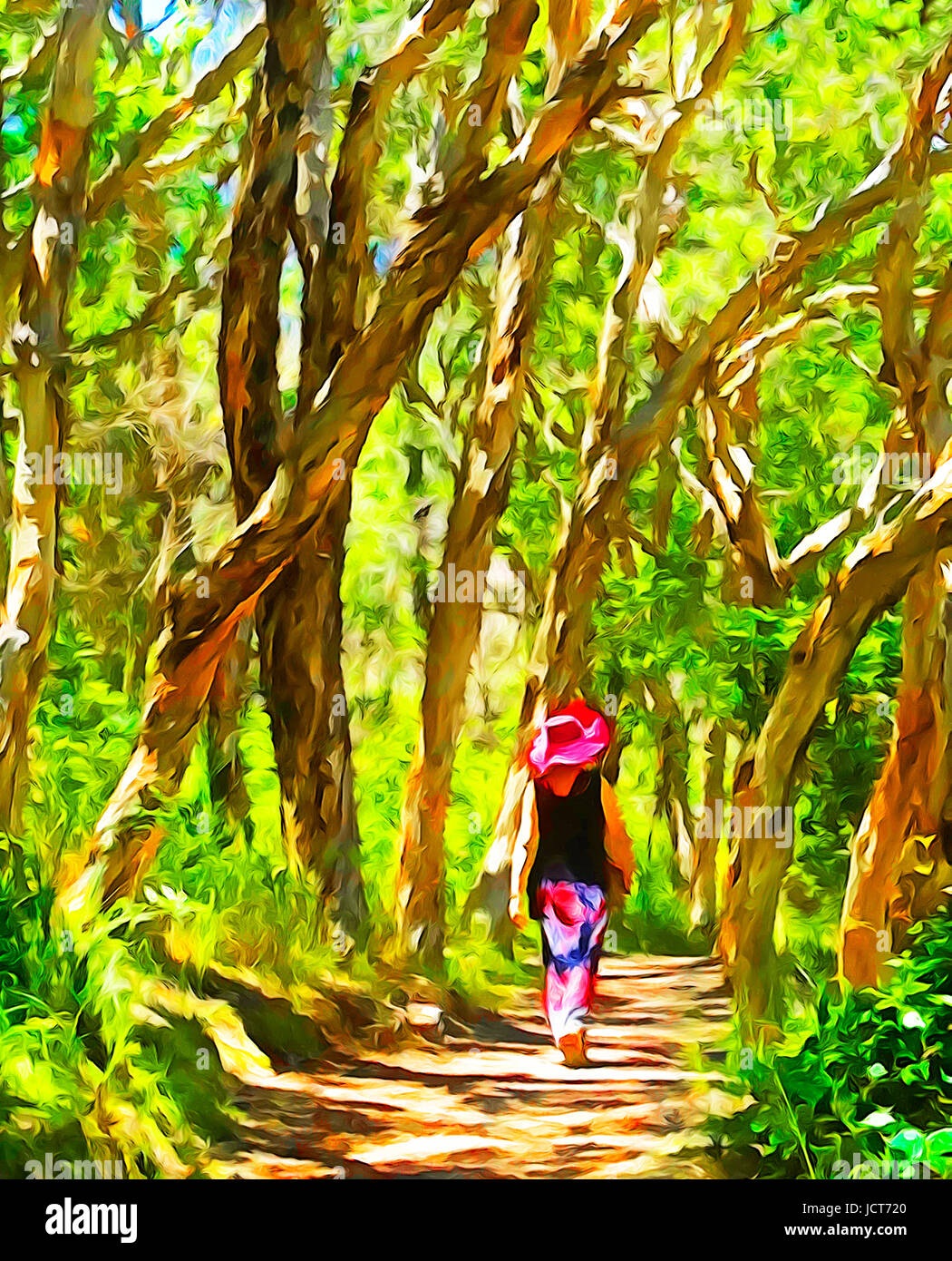 La donna a piedi nei boschi. - Foto di Pittura Foto Stock