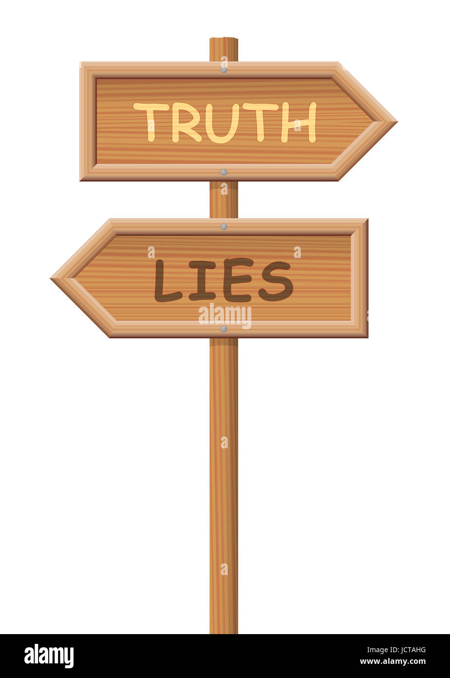 Verità e menzogne indicazioni del cartello in legno, scegli il tuo percorso - fatti o falsi, verity o frodi, onestà o raggiri - illustrazione su sfondo bianco. Foto Stock