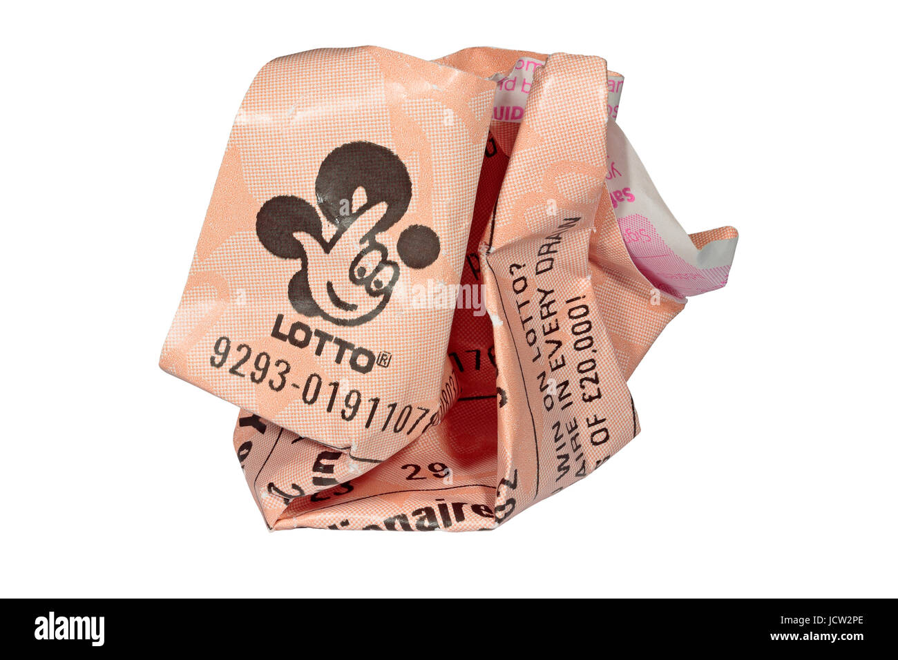 Crumpled un biglietto della lotteria - a avvitata fino a £ 2 perdere la lotteria nazionale / Lotto ticket - isolato su uno sfondo bianco Foto Stock