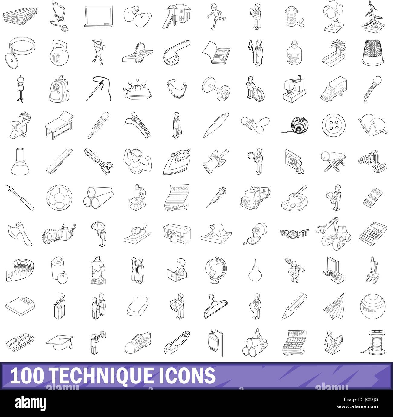 Tecnica di 100 set di icone di stile di contorno Illustrazione Vettoriale