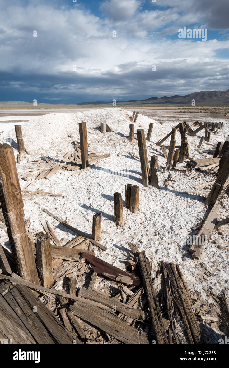 Resti di un legno collassato torre di caricamento in una miniera di sale il funzionamento a Rodi Salt Marsh in Nevada. Foto Stock