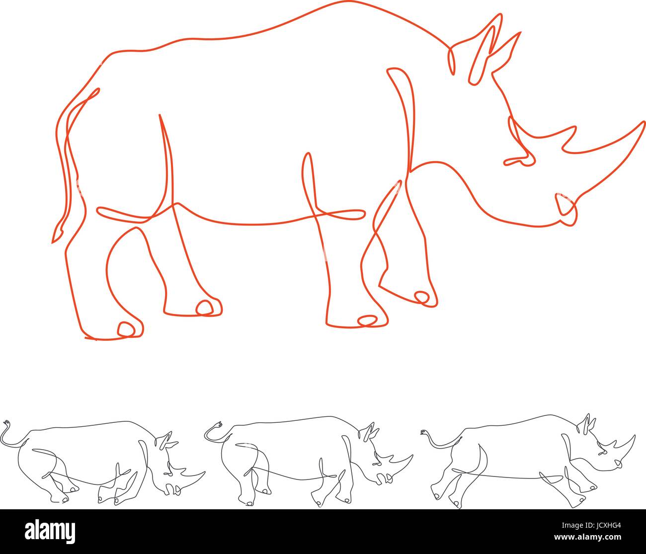 Rhino camminare e correre continuo line art Illustrazione Vettoriale
