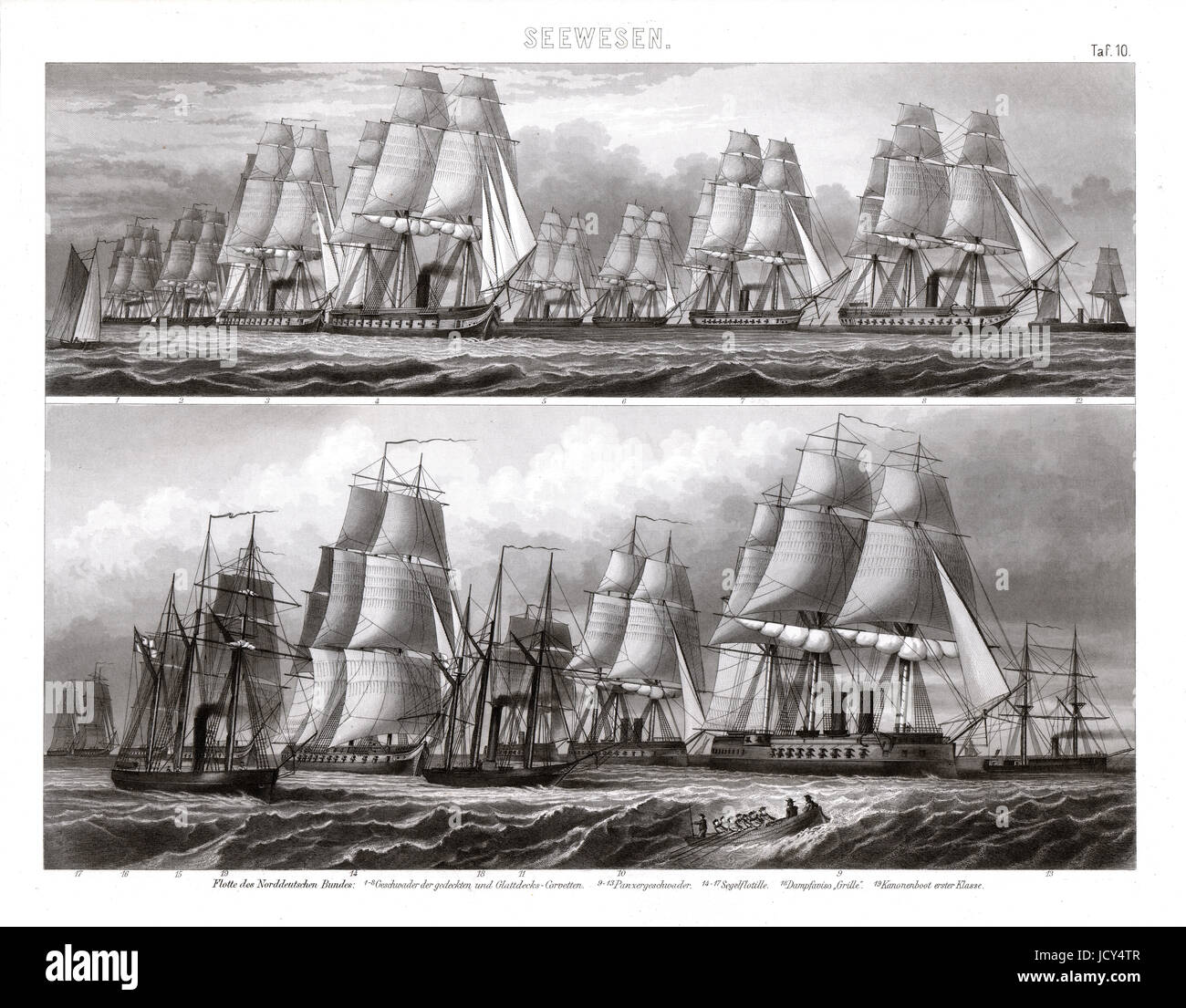 Flottiglia di navi di guerra tedesco utilizzando la tecnologia ibrida di potenza vapore e vele. Foto Stock