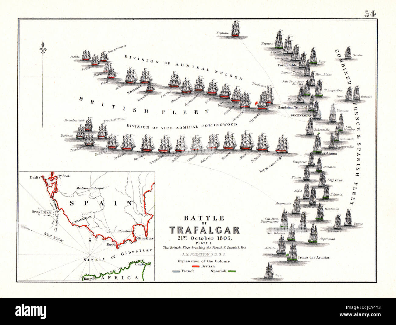 Battaglia di Trafalgar, 21 ottobre 1805, tra la Gran Bretagna e un combinato di spagnolo e flotta francese al largo della costa della Spagna durante la guerra della terza coalizione delle guerre napoleoniche. Foto Stock