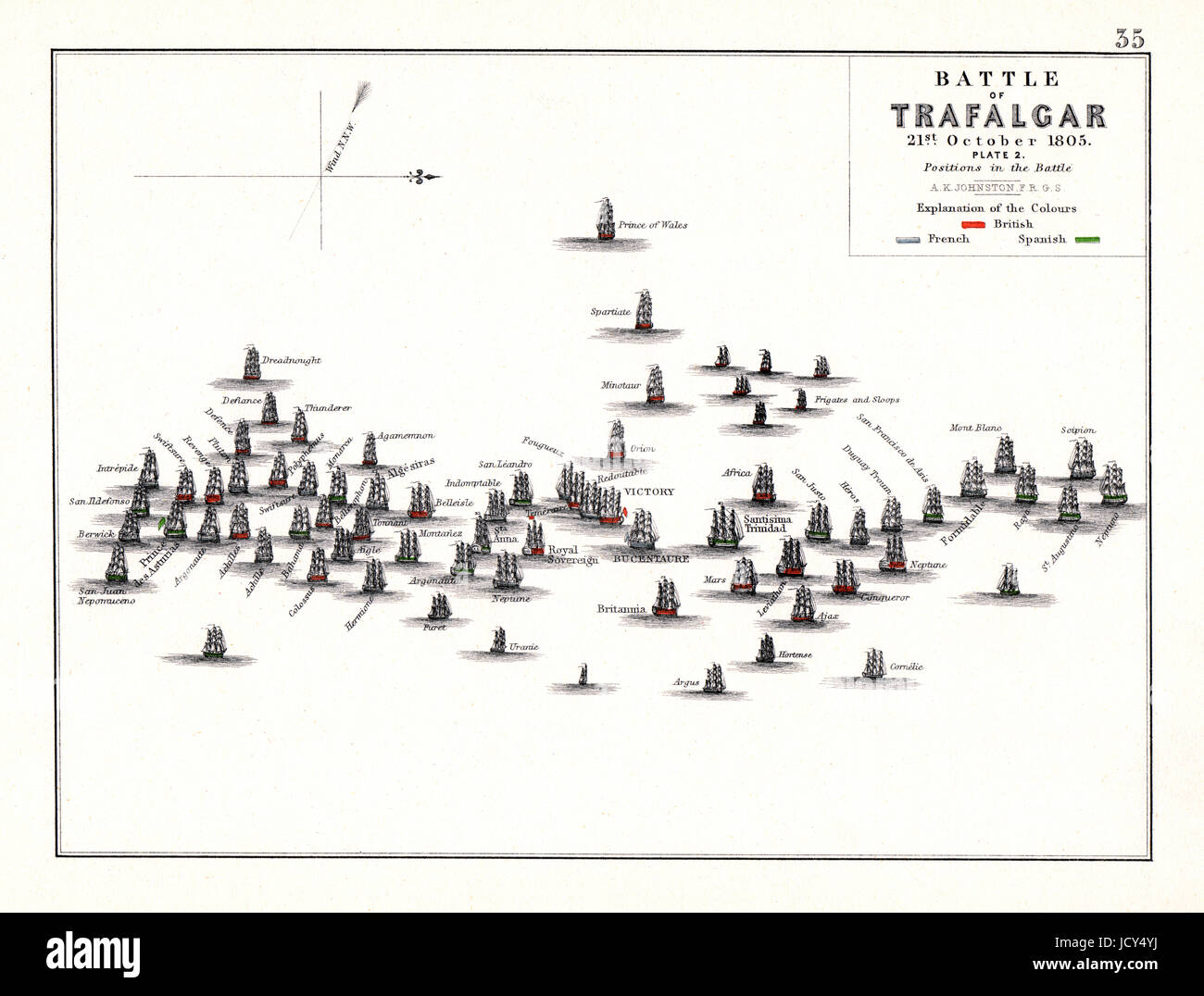 Battaglia di Trafalgar, 21 ottobre 1805, tra la Gran Bretagna e un combinato di spagnolo e flotta francese al largo della costa della Spagna durante la guerra della terza coalizione delle guerre napoleoniche. Foto Stock