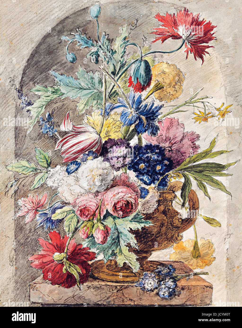 Jan van Huysum, Flower Still Life 1722 olio su pannello. Disegno: gesso nero, penna, inchiostro, acquerello. Albertina di Vienna, Austria. Foto Stock