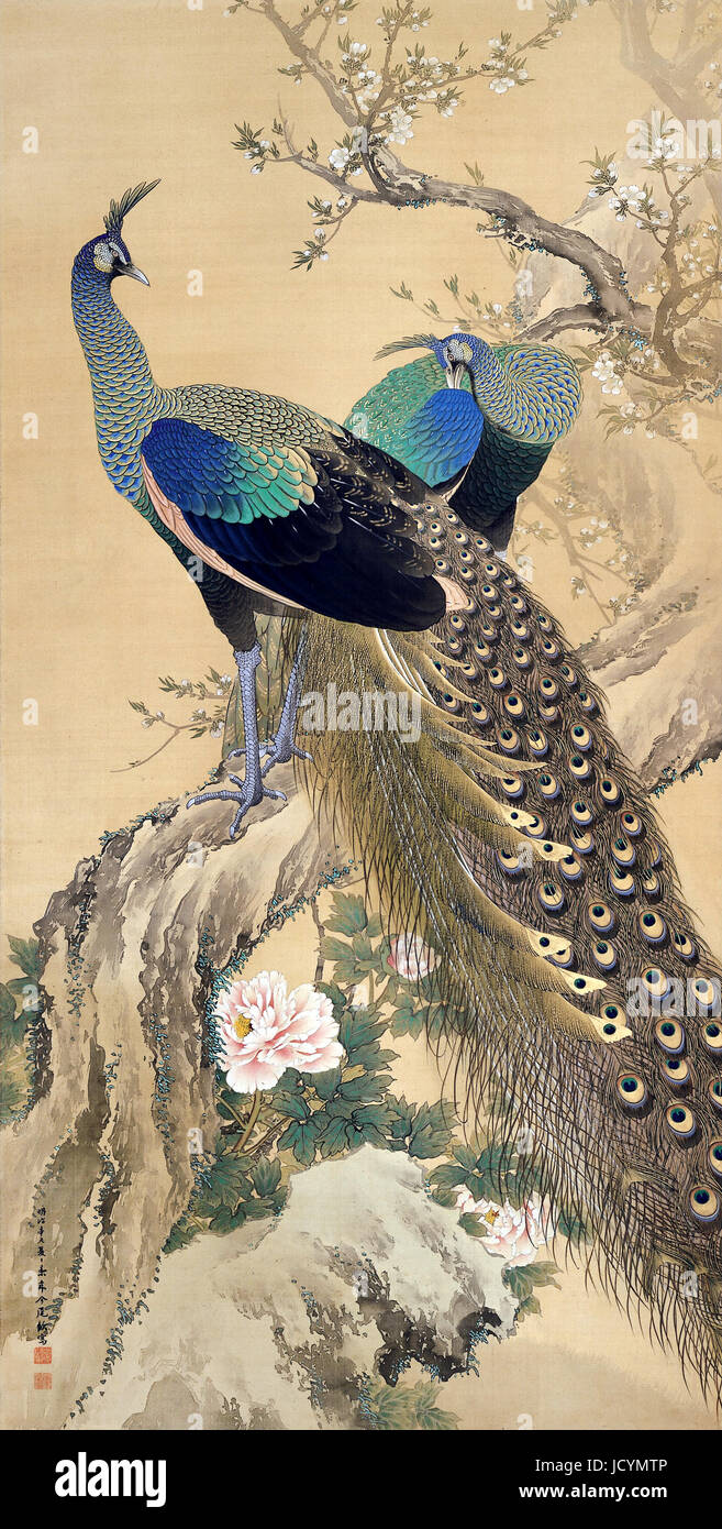 Imao Keinen, una coppia di pavoni nella primavera del 1901 a colori su seta. Adachi Museum of Art, Yasugi, Giappone. Foto Stock