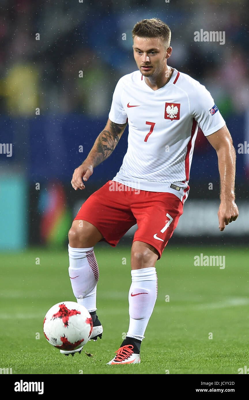 Karol Linetty durante UEFA Europei Under-21 match tra la Polonia e la Slovacchia a Arena Lublino su Giugno 16, 2017 a Lublin, Polonia. (Foto di MB Media) Foto Stock