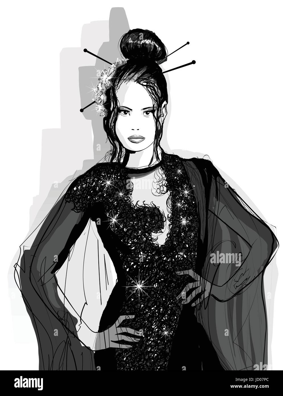 Moda modello asiatico in abito nero - illustrazione vettoriale Illustrazione Vettoriale Moda modello asiatico in abito nero - illustrazione vettoriale Illustrazione Vettoriale