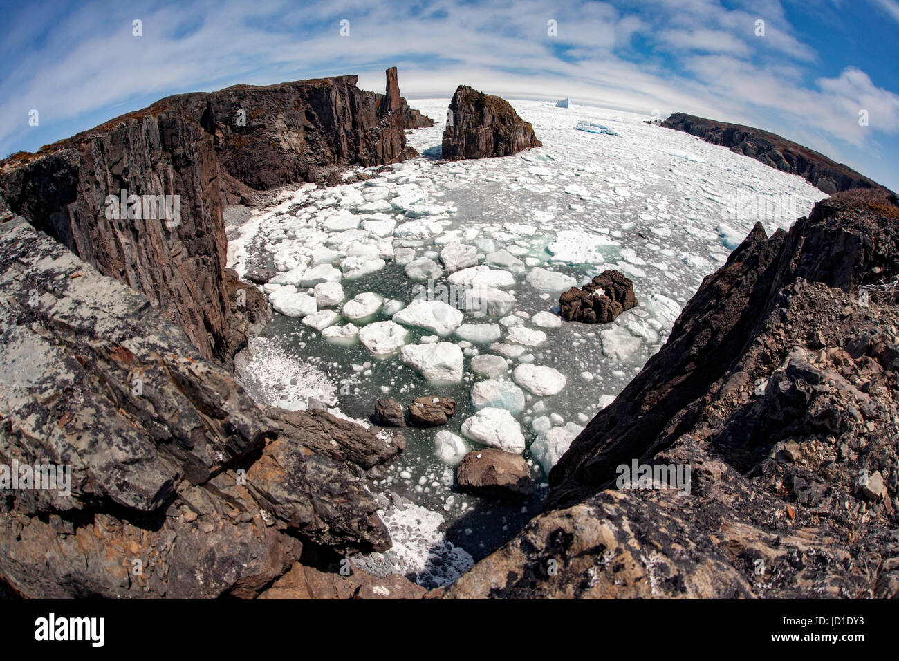 Vista fisheye del Spillars Cove, vicino, Bonavista Bonavista Cape Peninsula, Terranova, Canada Foto Stock