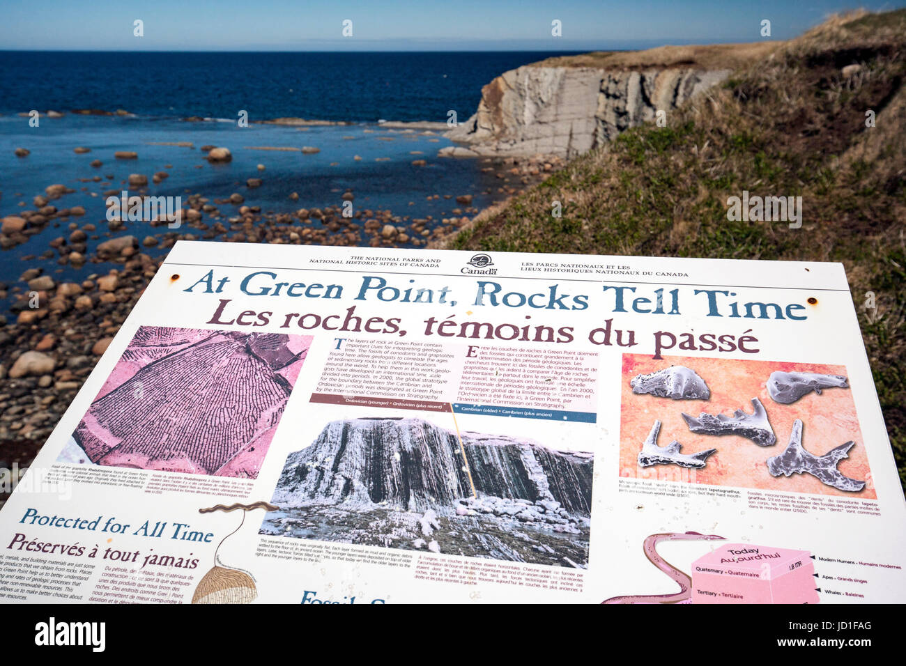 Dichiarazioni interpretative segno a Green Point, Parco Nazionale Gros Morne, Terranova, Canada Foto Stock