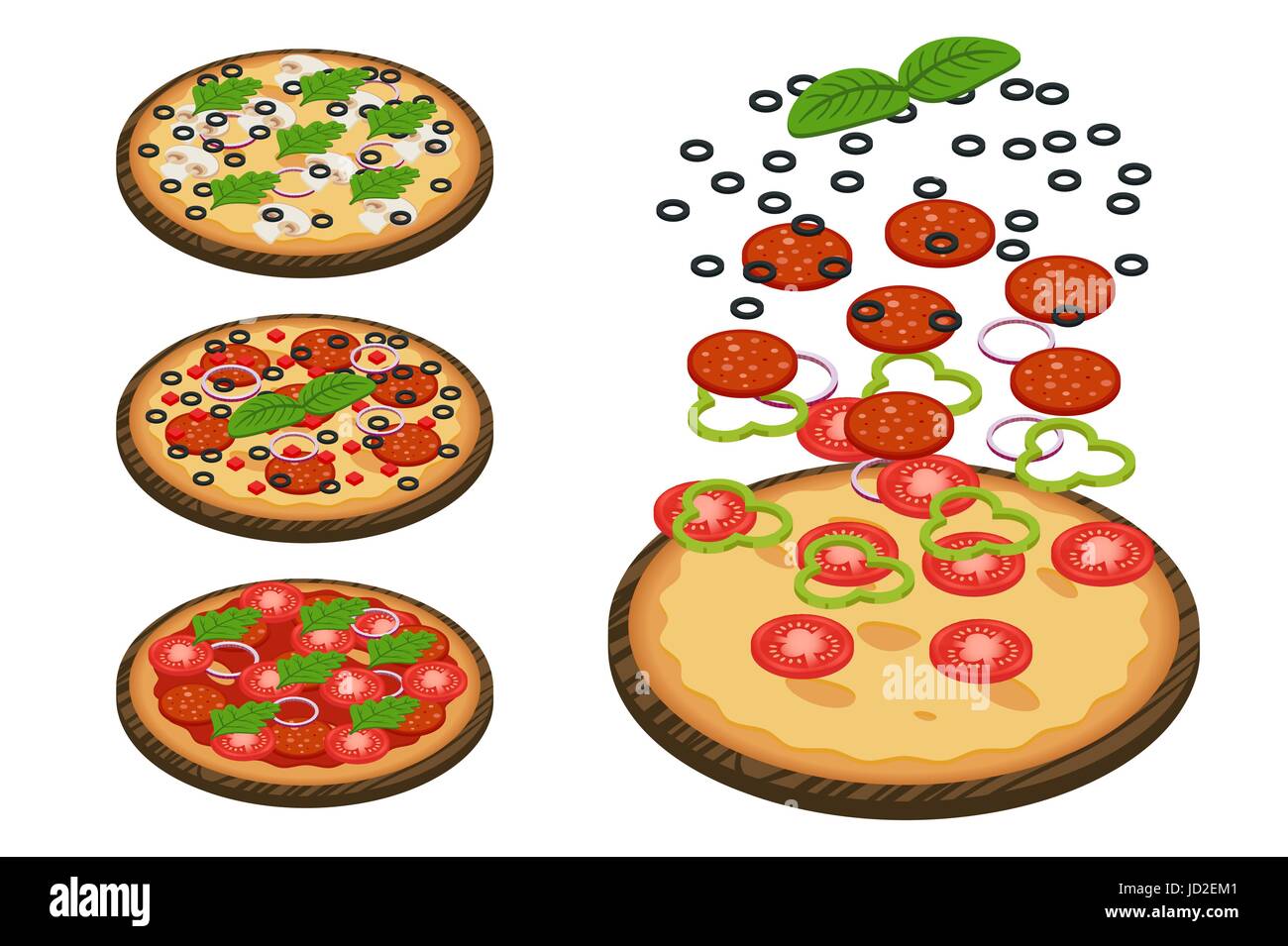 Illustrazione Vettoriale di diverse pizze isometrica con vari ingredienti. Illustrazione Vettoriale