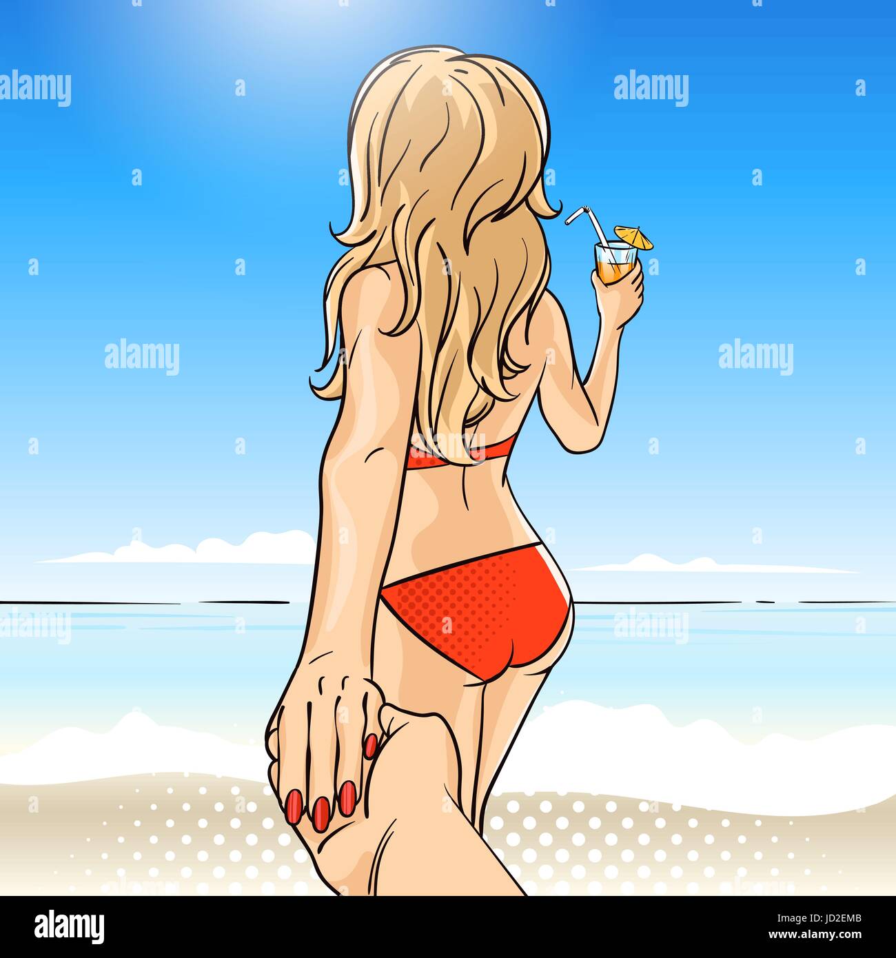 Vettore disegnati a mano pop art illustrazione della giovane donna in costume  da bagno con cocktail di frutta. Seguimi al mare illustrazione. Sfondo per  stampare, w Immagine e Vettoriale - Alamy