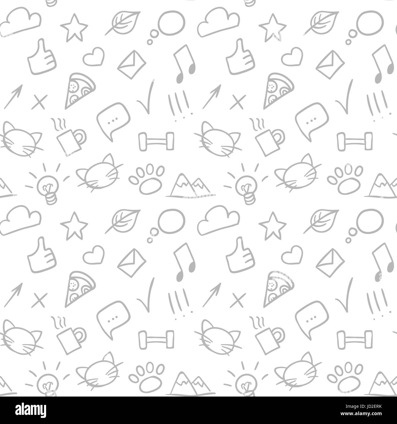 Vector seamless doodle disegnato a mano con modello sociale icone. Sfondo. Gatto, star, discorso bolla e montagne. Illustrazione Vettoriale