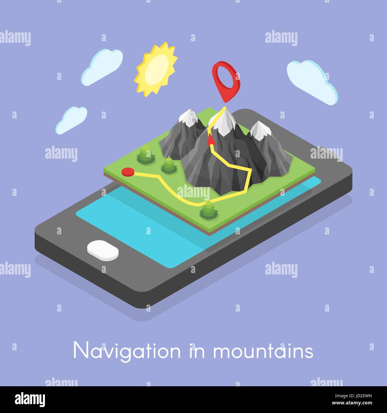 Isometrica, 3d concetto illustrazione della mappa mobile e navigazione in montagna. Illustrazione Vettoriale