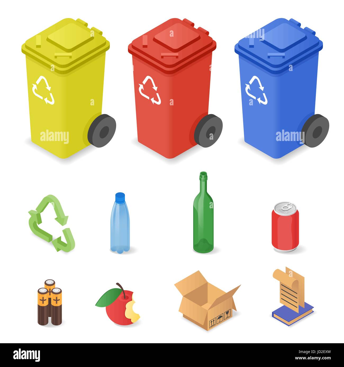 Vettore set isometrica di smistamento dei rifiuti di lattine. Le icone per i diversi tipi di rifiuti: plastica, vetro, batterie. Rifiuti colorati di lattine. Illustrazione Vettoriale