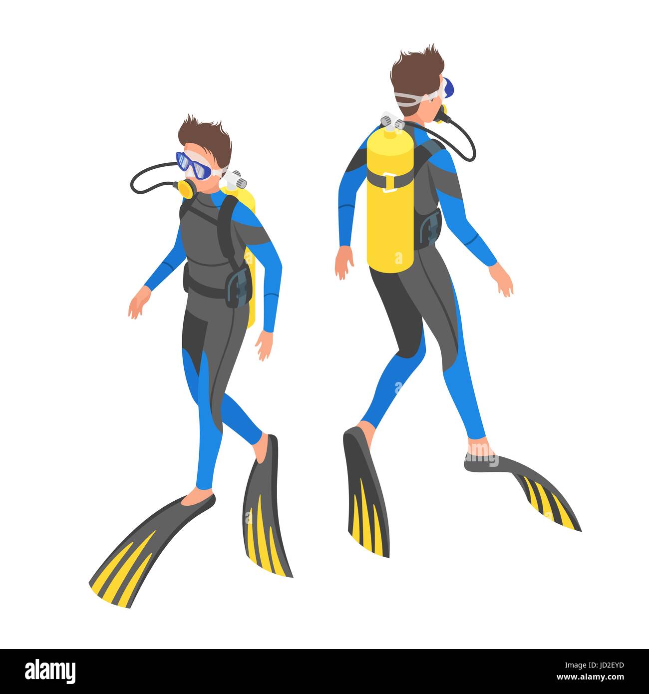 Isometrica, 3d illustrazione vettoriale del subacqueo. Retro e lati anteriore. Illustrazione Vettoriale