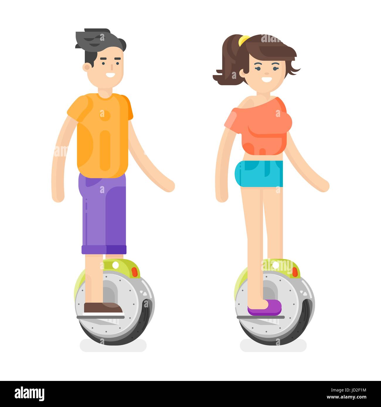 Vettore stile piatto illustrazione del giovane uomo e donna in sella ad una alimentato a batteria elettrica scooter monociclo. Isolato su sfondo bianco. Ecolog moderno Illustrazione Vettoriale