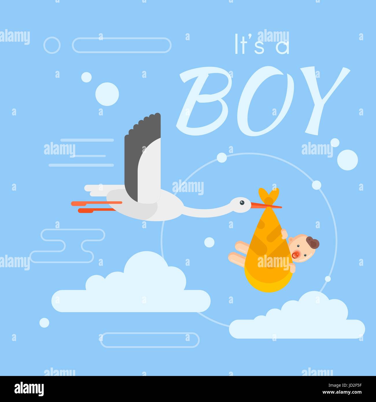 Vettore Stile Piatto Illustrazione Di Stork Prendersi Cura Di Un Neonato Nel Cielo Modello Per Il Biglietto Di Auguri Iscrizione E Un Ragazzo Immagine E Vettoriale Alamy