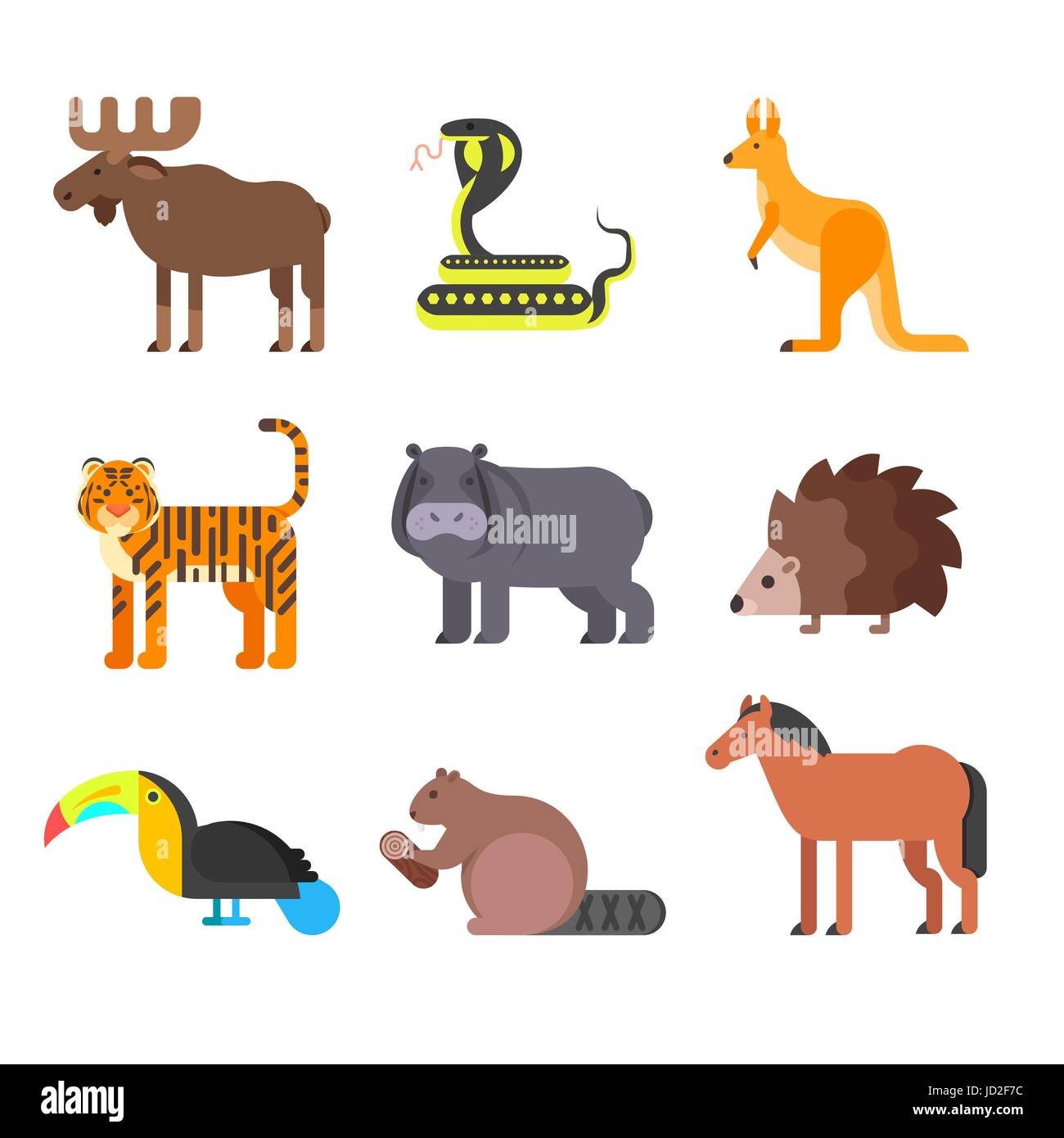 Vettore stile piatto serie di animali. Riccio, tiger, snake. Icona per il web. Isolato su sfondo bianco. Illustrazione Vettoriale