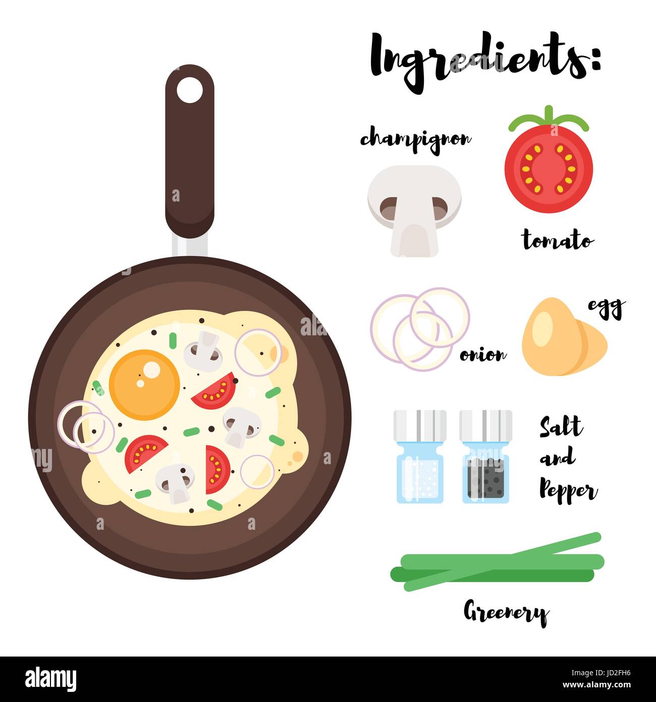 Vettore stile piatto illustrazione della padella con uova strapazzate. Ingredienti per la prima colazione. Icona per il web. Isolato su sfondo bianco. Illustrazione Vettoriale