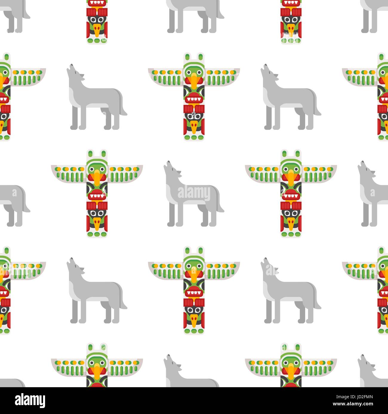 Vettore stile piatto senza cuciture con pattern di totem tribali e Wolf su sfondo bianco. Illustrazione Vettoriale