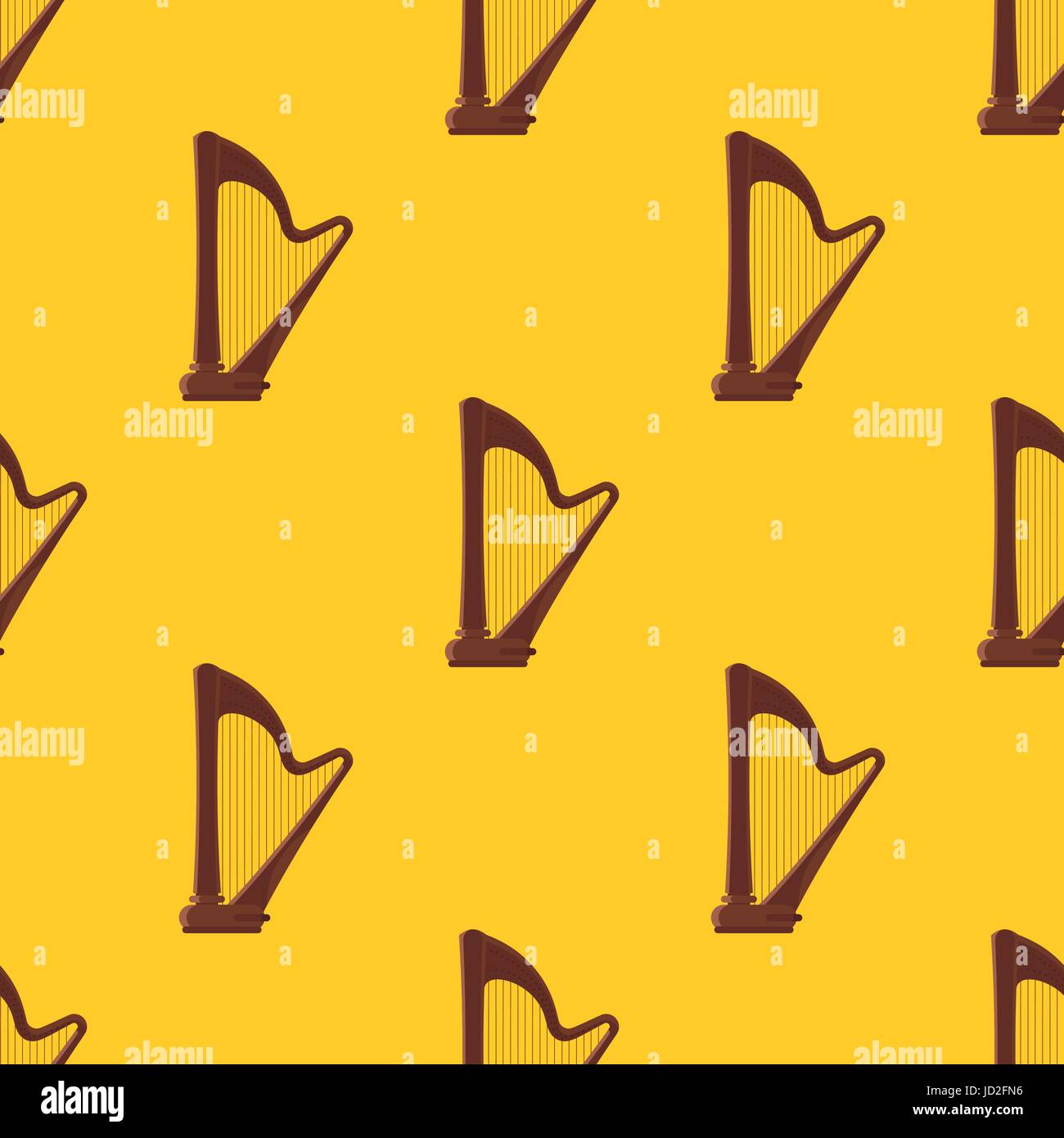 Vettore stile piatto seamless pattern con antichi strumenti musicali arpa su sfondo giallo. Illustrazione Vettoriale