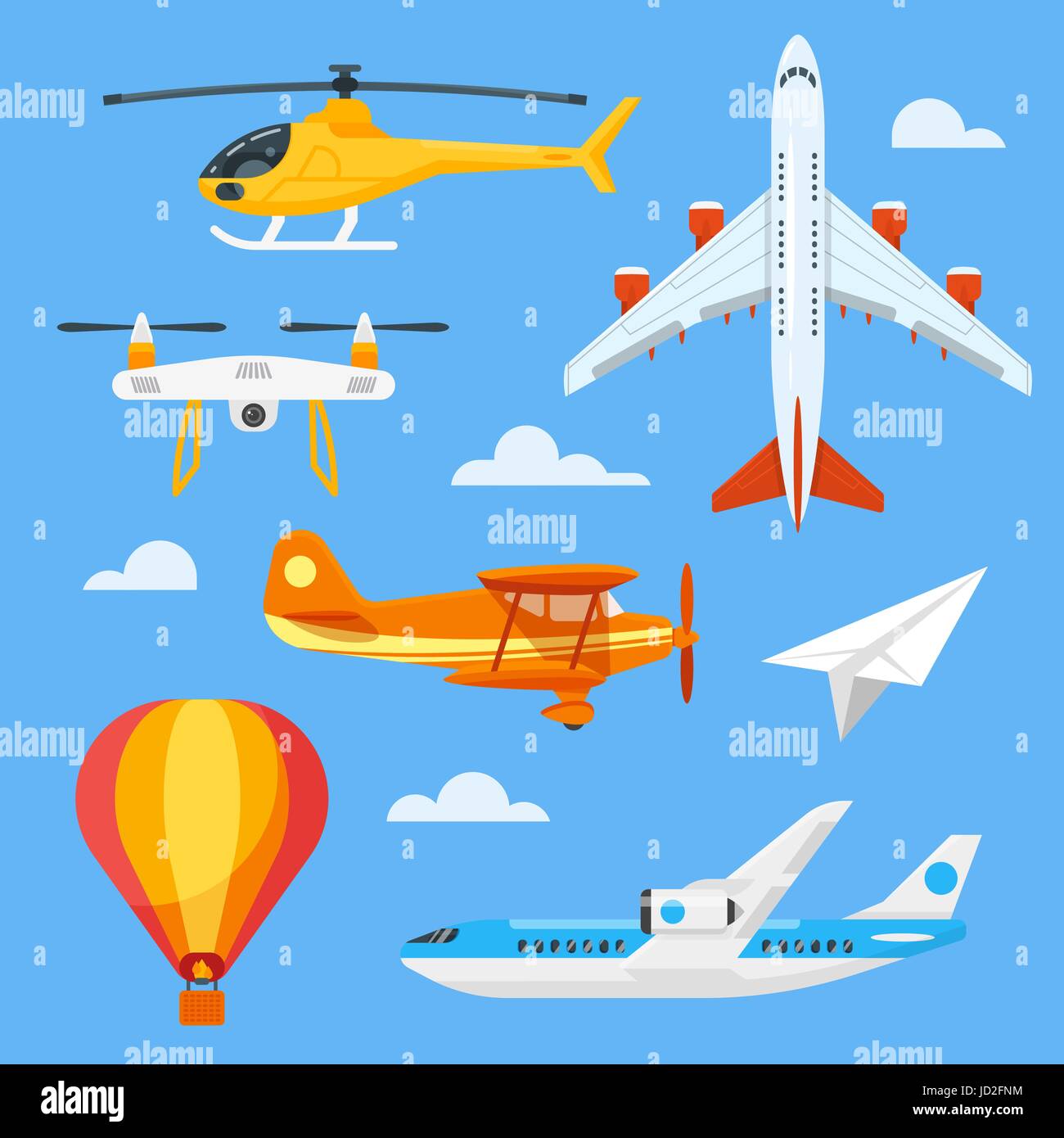 Piatto di vettore impostato lo stile colorato e il trasporto aereo. Icone per il web. Illustrazione Vettoriale