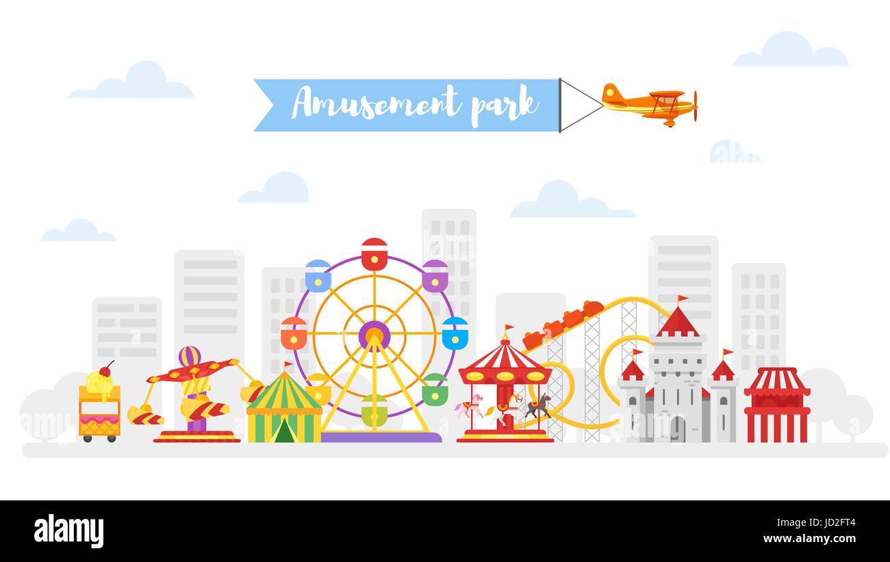 Vettore stile piatto illustrazione del parco di divertimenti per i bambini. Isolato su sfondo bianco. Illustrazione Vettoriale