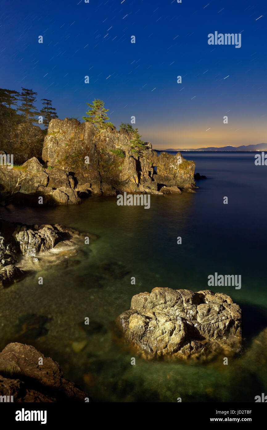 Tracce stellari sopra Creyke Point-East Sooke Park, British Columbia, Canada. Foto Stock
