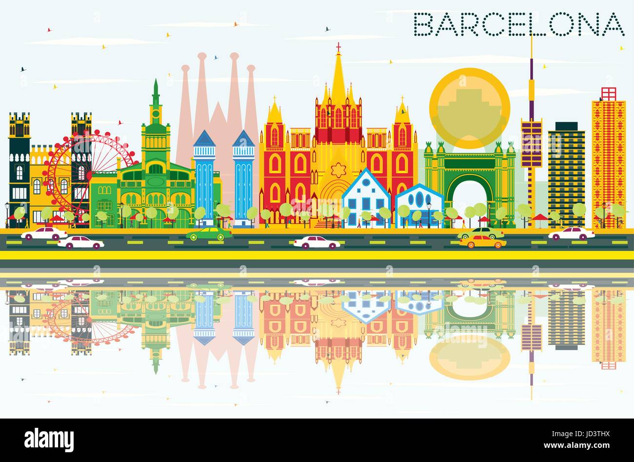 Lo Skyline di Barcellona con edifici di colore, cielo blu e riflessi. Illustrazione Vettoriale. Viaggi di affari e turismo concetto con edifici storici. Illustrazione Vettoriale