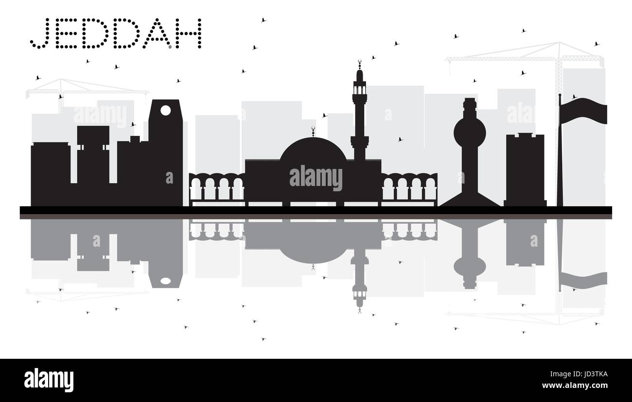 Jeddah skyline della città in bianco e nero con silhouette riflessioni. illustrazione vettoriale. cityscape con punti di riferimento. Illustrazione Vettoriale