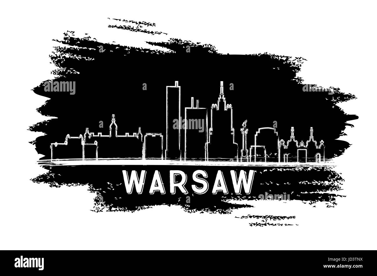 Lo skyline di Varsavia silhouette. mano bozzetto. illustrazione vettoriale. viaggi di affari e di turismo con il concetto di architettura moderna. Illustrazione Vettoriale