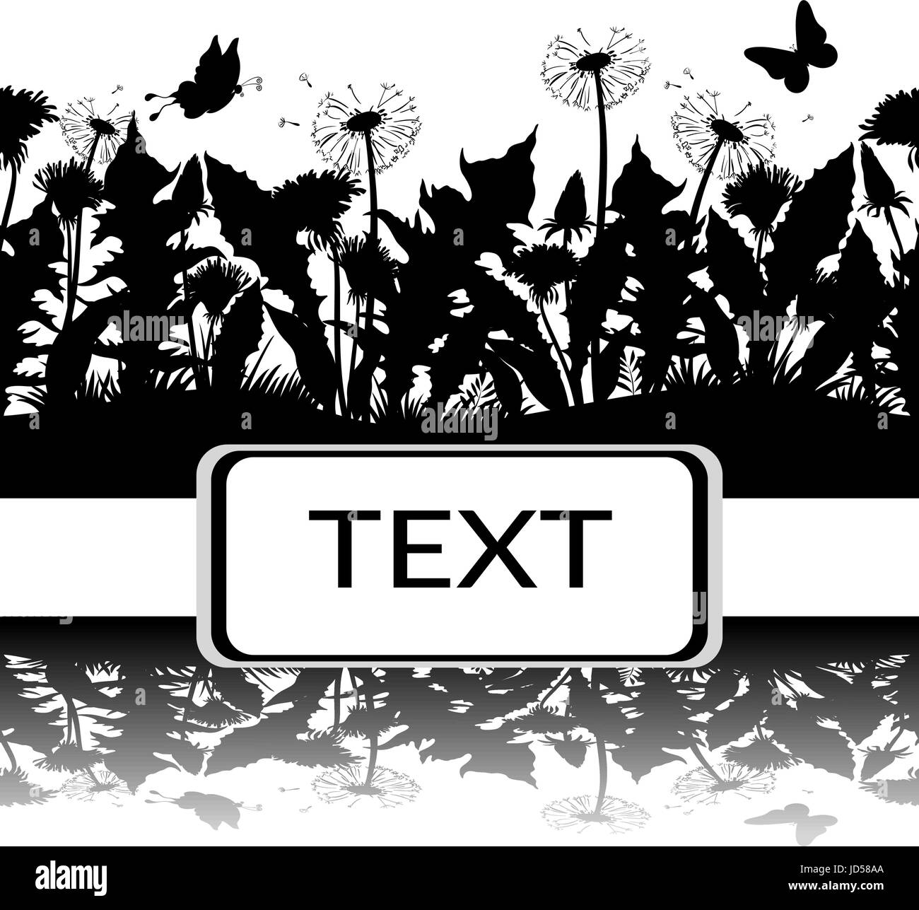 Orizzontale modello senza giunture, Paesaggio estivo, farfalle, erba, foglie e fiori di tarassaco silhouette nera e la riflessione in acqua o in ombra, Illustrazione Vettoriale