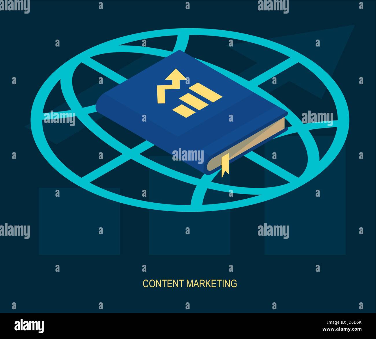 I contenuti della strategia di marketing management digitali moderne soluzioni web illustrazione vettoriale. Prenota con tendenza crescente sul simbolo del globo internet contemporaneo Illustrazione Vettoriale