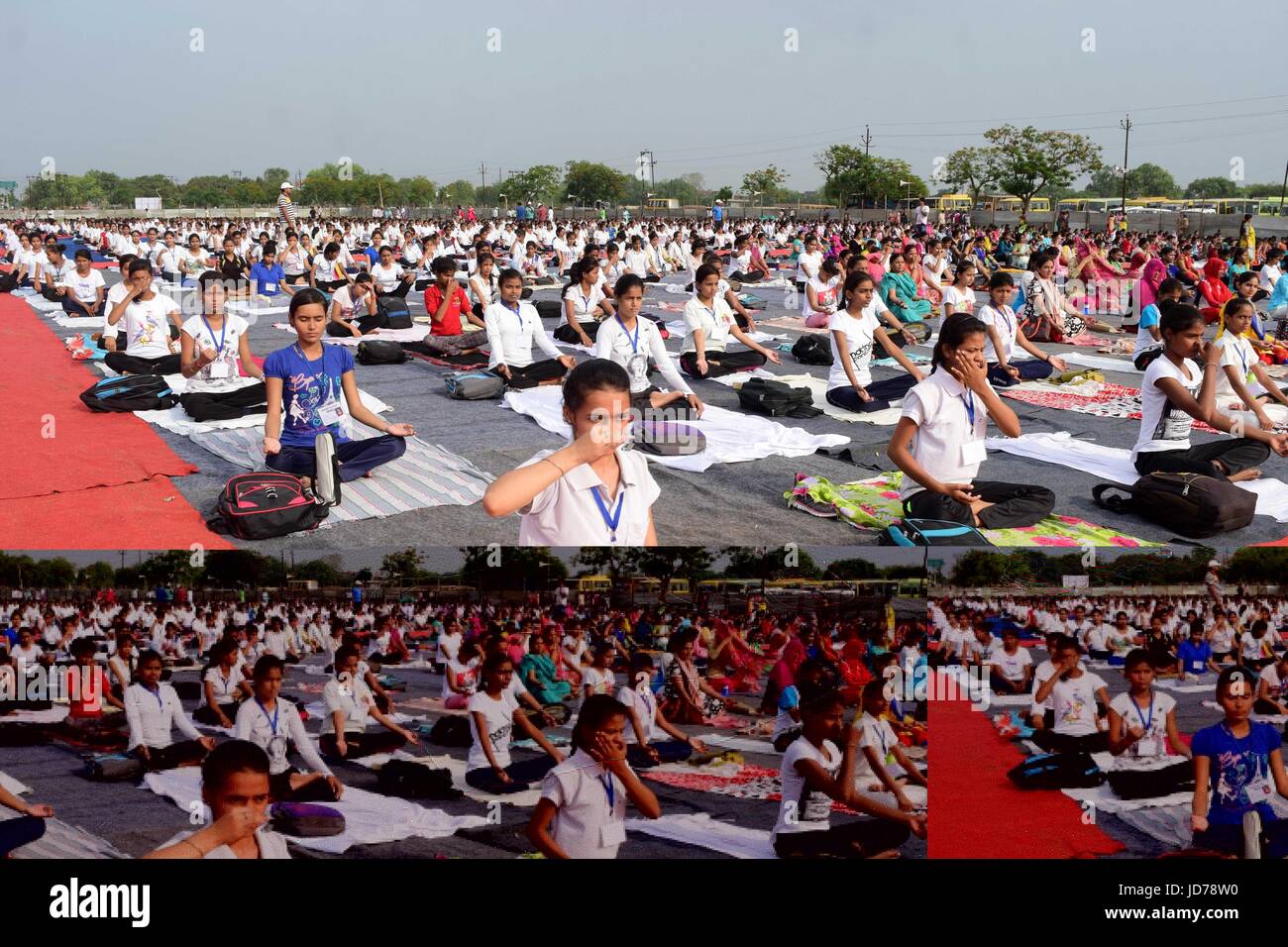 Giugno 19, 2017 - Allahabad, Uttar Pradesh, India - Allahabad: Studenti pratica Yoga davanti a ''International Yoga giorno'' in Allahabad su 19-06-2017, Giornata Internazionale di Yoga (Hindi: Antarastriya dive di Yoga), o comunemente e ufficiosamente indicato come giorno di Yoga, viene celebrata ogni anno il 21 giugno sin dal suo inizio nel 2015. Una giornata internazionale di yoga è stato dichiarato all'unanimità dall'Assemblea generale delle Nazioni Unite (AGNU) il 11 dicembre 2014. Lo Yoga è un fisico, mentale, e/o della pratica spirituale attribuito principalmente in India. Il Primo Ministro indiano Narendra modi nel suo indirizzo DELLE NAZIONI UNITE ha suggerito la Foto Stock