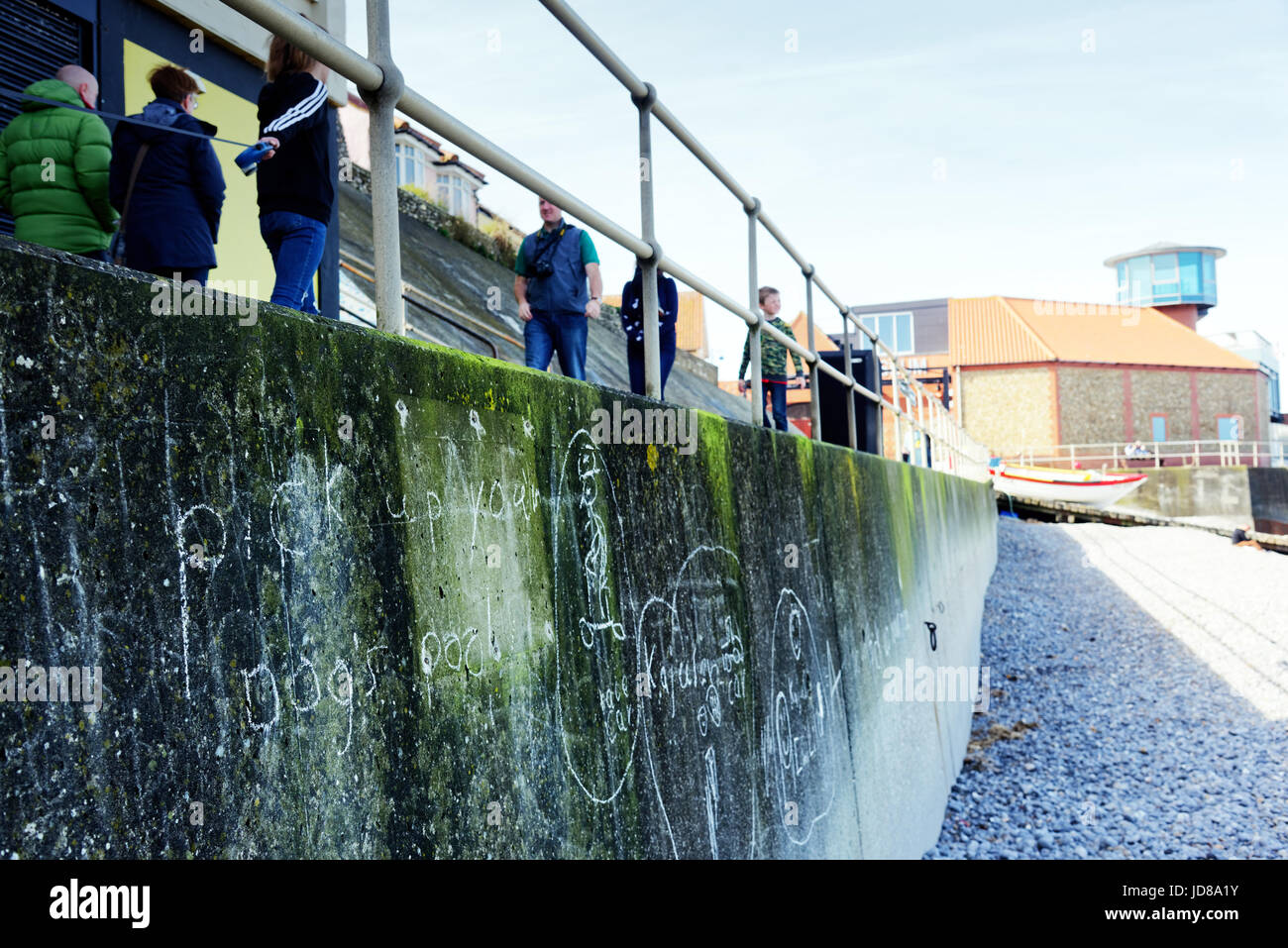 Le parole Ritirare Il Poo, miranti a proprietari di cani che lasciano che i loro cani fallo spiaggia, graffiato nella parete del mare a Sheringham, North Norfolk Foto Stock